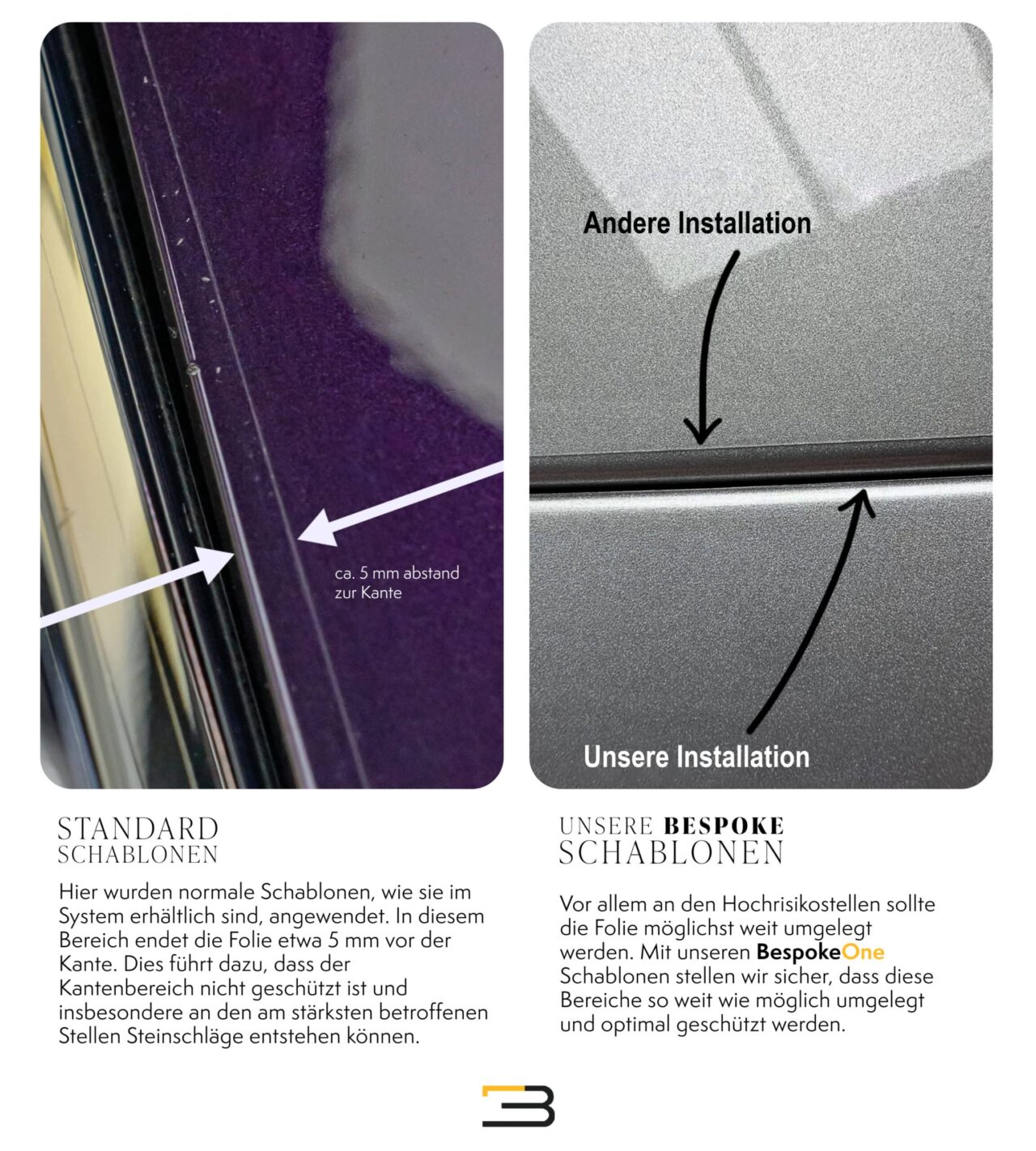 Vergleich: schlechte PPF-Installation links und perfekte PPF-Installation rechts bei BespokeOne